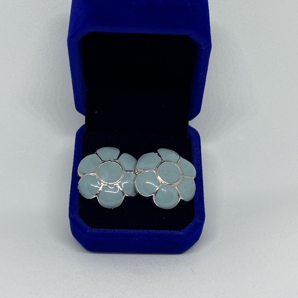 Silver and Sea Blue flower Earrings - Picture 1 of 5
